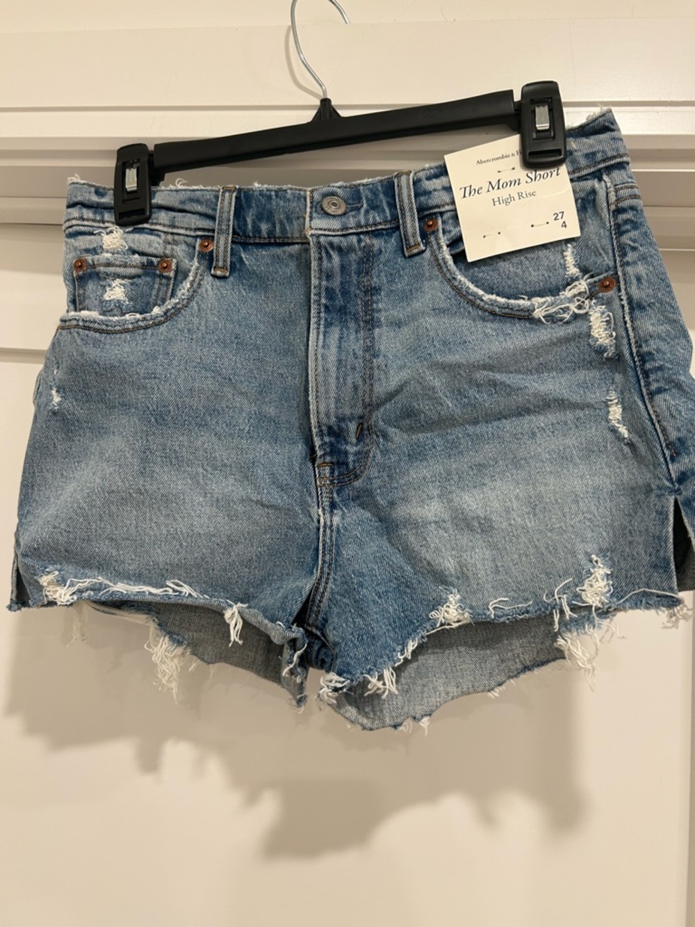 Abercrombie & Fitch Distressed High-Rise Denim Mom Shorts - Blue